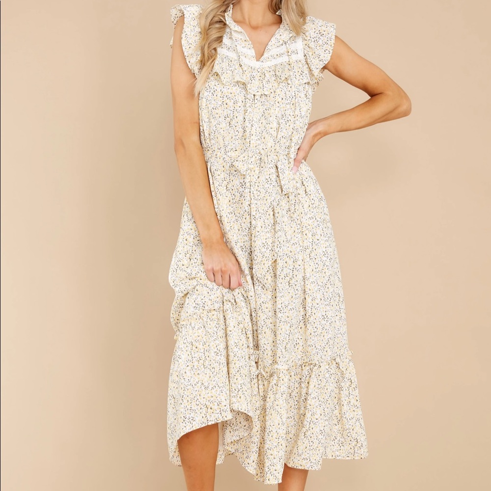 Large Yellow Floral Midi-Length Cottage Core Dress